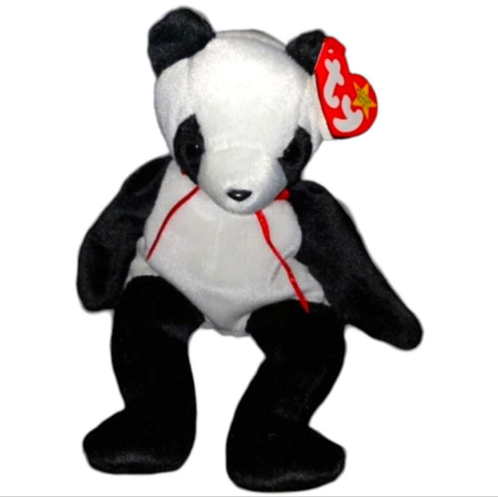 Vtg Rare 97 Ty Beanie Baby Fortune Panda Bear Red Ribbon Beanbag Plush Toy